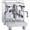 A Bezzera Magica PID HX Espresso Machine, made of stainless steel and featuring dual gauges, steam wands, control knobs, and a portafilter, sits on its drip tray. © 2025 1st-line.com