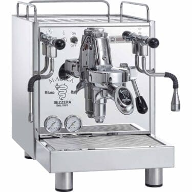 A Bezzera Magica PID HX Espresso Machine, made of stainless steel and featuring dual gauges, steam wands, control knobs, and a portafilter, sits on its drip tray. © 2025 1st-line.com