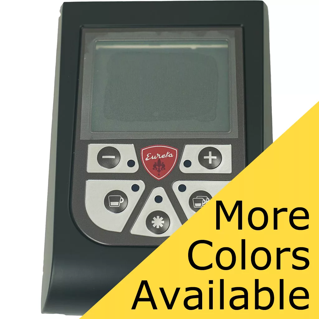 A chrome Eureka 4122580.1500 Front Control Panel Set for Atom 65/75 models. A yellow diagonal banner in the corner reads More Colors Available in bold black text. Black and gray version also offered. © 2025 1st-line.com