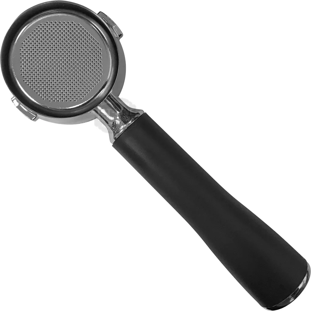 A DISCONTINUED Ascaso Bottomless/Naked Portafilter with Basket (57mm) and black handle, viewed from above on a white background. © 2025 1st-line.com