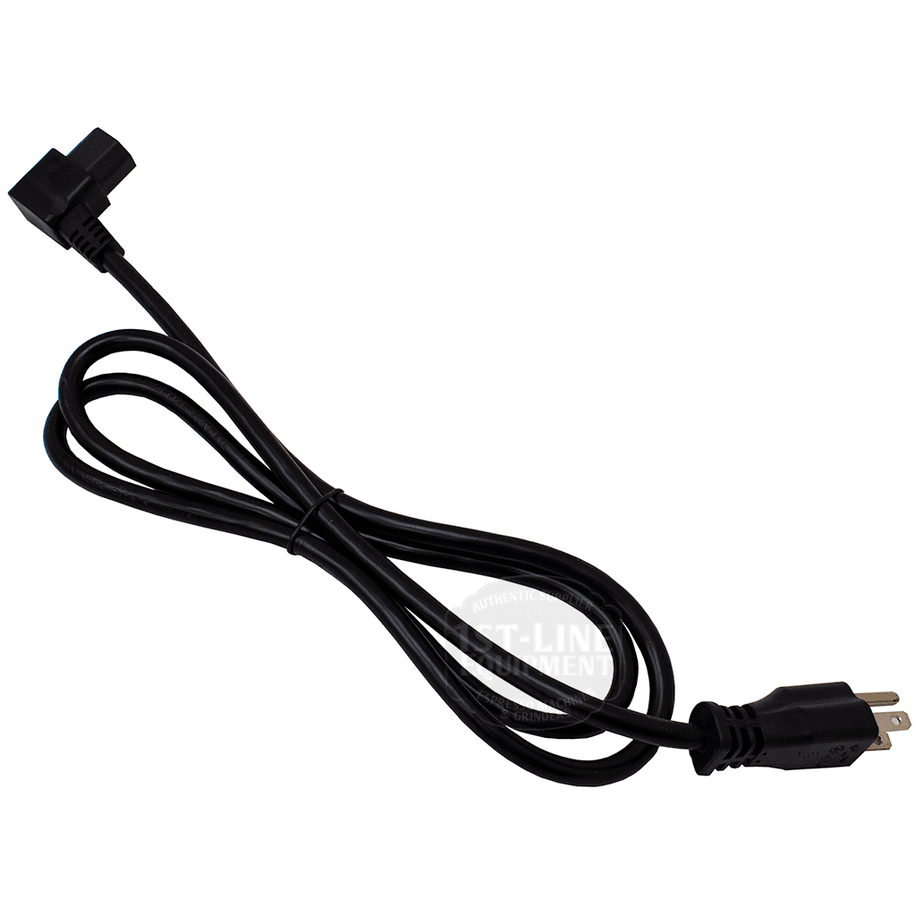 A discontinued Lelit MC269-110 110V Power Cord, featuring a standard two-prong plug and an angled connector, is loosely coiled on a white background. © 2025 1st-line.com