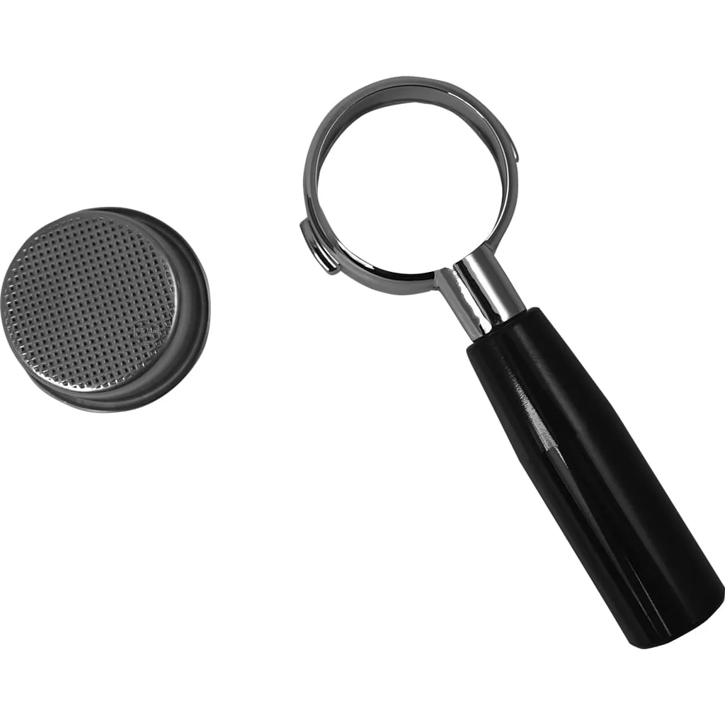 A DISCONTINUED PRE-Millennium Edition La Pavoni 52mm Bottomless Portafilter with a black handle and a round metal basket are displayed on a white background. © 2025 1st-line.com