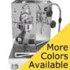 A shiny silver ACS Minima Dual Boiler Espresso Machine with pressure gauge and steam wand, partially covered by a yellow triangle stating “More Colors Available” in bold black letters. © 2025 1st-line.com