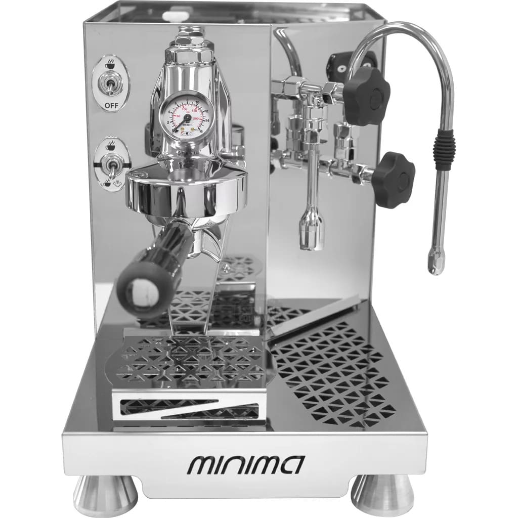 A stainless steel ACS Minima espresso machine with a pressure gauge, knobs, a portafilter, and a steam wand. The dual boiler espresso machine features a shiny surface, geometric drip tray, and Minima branding on the front base. © 2025 1st-line.com