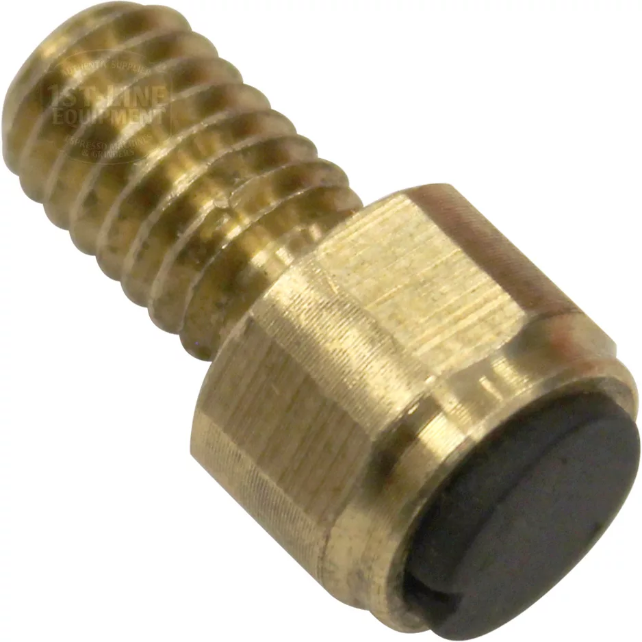 Close-up of the DISCONTINUED Ascaso I.2908 2015 Steam Valve Gasket and Small Internal Stem, featuring a brass hex-head bolt with a black tip, photographed at an angle on a plain background. © 2025 1st-line.com