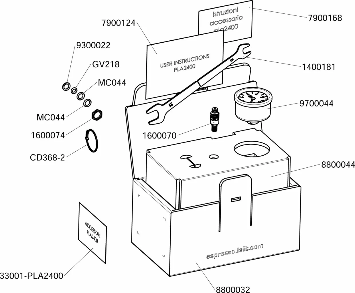 Exploded diagram of the Lelit PLA2400 E61 Grouphead Pump Pressure Gauge accessory kit, showing labeled parts like O-rings, instructions, spanner, box, and various small components with part numbers indicated by lines. © 2025 1st-line.com