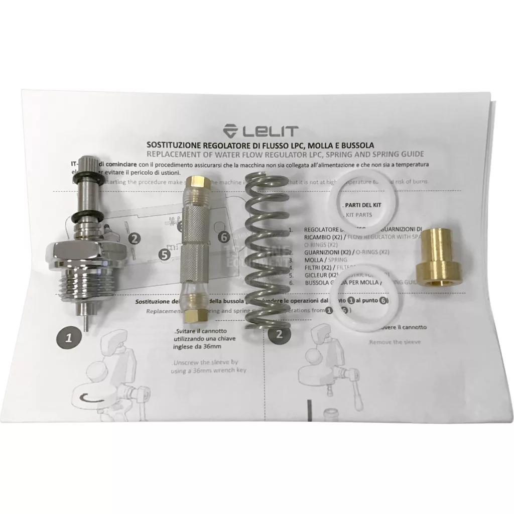 Four metal parts—a valve, spring, and two brass fittings—are placed on an instruction sheet in Italian and English for the Lelit 1000185 E61 Grouphead Internal Pressure Profile Kit, used to regulate water flow in E61 groupheads. © 2025 1st-line.com