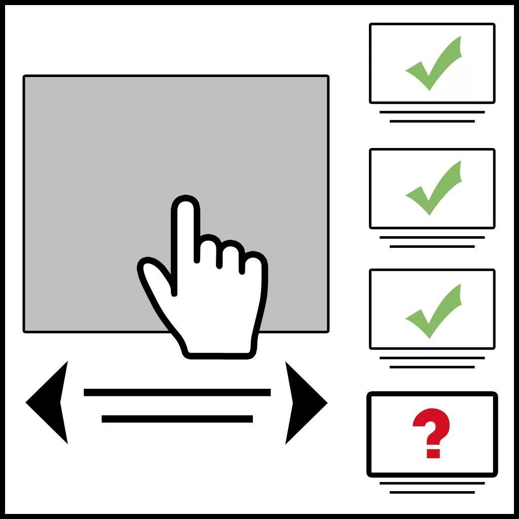 Illustration of a hand icon swiping left or right on a gray square, with three screens on the right: two featuring green check marks for great deals and one with a red question mark, highlighting your sales choices. © 2025 1st-line.com