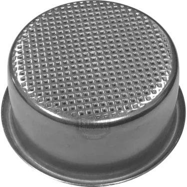 The 1st-line 50mm 2-Cup Filter Basket is a round, metal mold with a wide rim and a textured, grid-patterned bottom, similar to those used for baking cakes or pastries. © 2025 1st-line.com