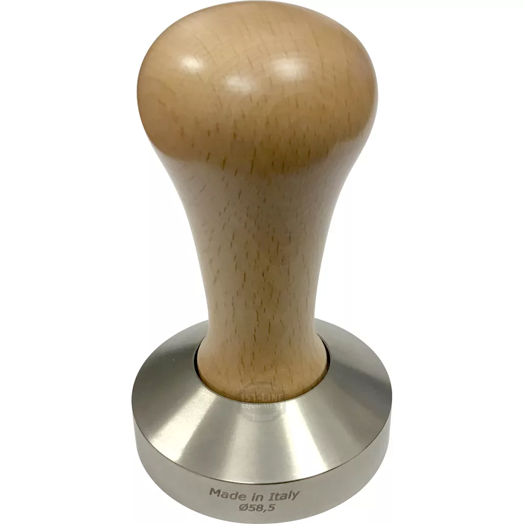 The DISCONTINUED 1st-line Classy 58.5mm Espresso Coffee Tamper features a wooden handle, metal base engraved with Made in Italy Ø58.5, and is ideal for pressing espresso grounds in your portafilter. © 2025 1st-line.com