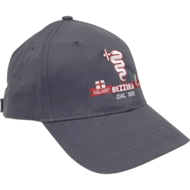 The DISCONTINUED Bezzera 9940207 Navy Blue Hat features embroidered text, logos, a red and white snake design, Bezzera Milano Dal 1901, plus small Italian flag and cross symbols on the front. © 2025 1st-line.com