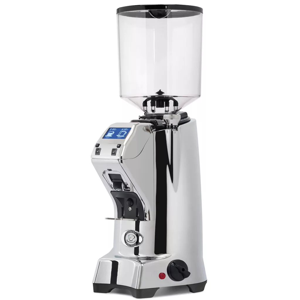 The DISCONTINUED Eureka Zenith 65 E Espresso Coffee Grinder features steel burrs, a tall transparent bean hopper, digital display, and multiple front buttons in a modern chrome design with an upright flat base. © 2025 1st-line.com