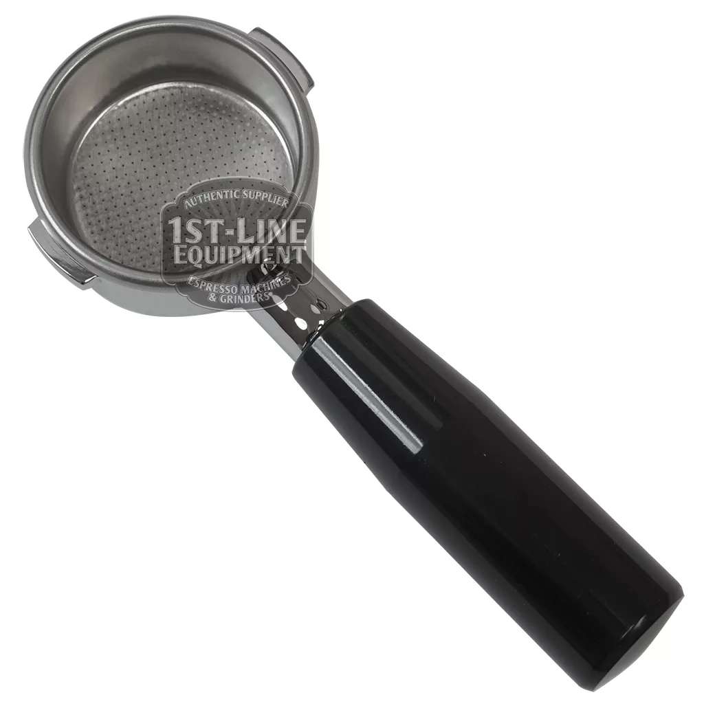 The DISCONTINUED PRE-Millenium Edition La Pavoni 52mm Bottomless Portafilter with Black Handle, designed for pre-millennium espresso machines, is shown on a white background. © 2025 1st-line.com