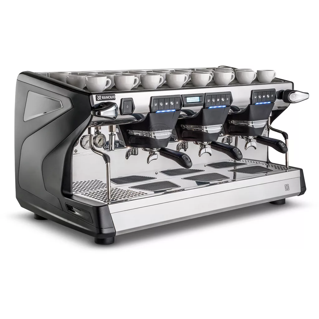 The DISCONTINUED Rancilio Classe 7 USB Electronic Commercial Espresso Machine features three group heads, a digital display, multiple control buttons, and a metallic design with black accents and space for cups on top. © 2025 1st-line.com