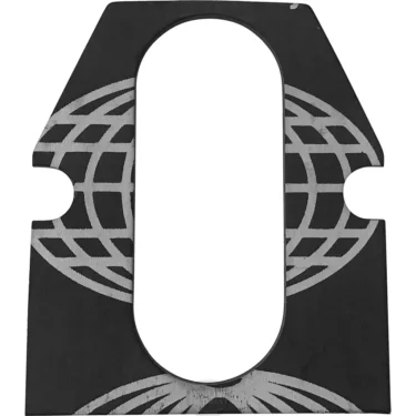 The E61 Grouphead Insulation Gasket TKH 2.1mm CARBO features a black metal plate with a large oval cutout and partial globe design, engineered to fit E61 groupheads for improved thermal insulation. © 2025 1st-line.com