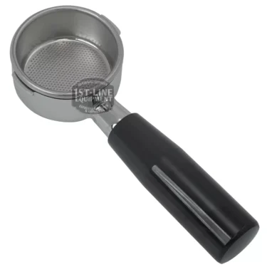 The La Pavoni Millenium 54mm Black Handle Bottomless Portafilter is shown at an angle on a white background, with its empty filter basket visible. © 2025 1st-line.com