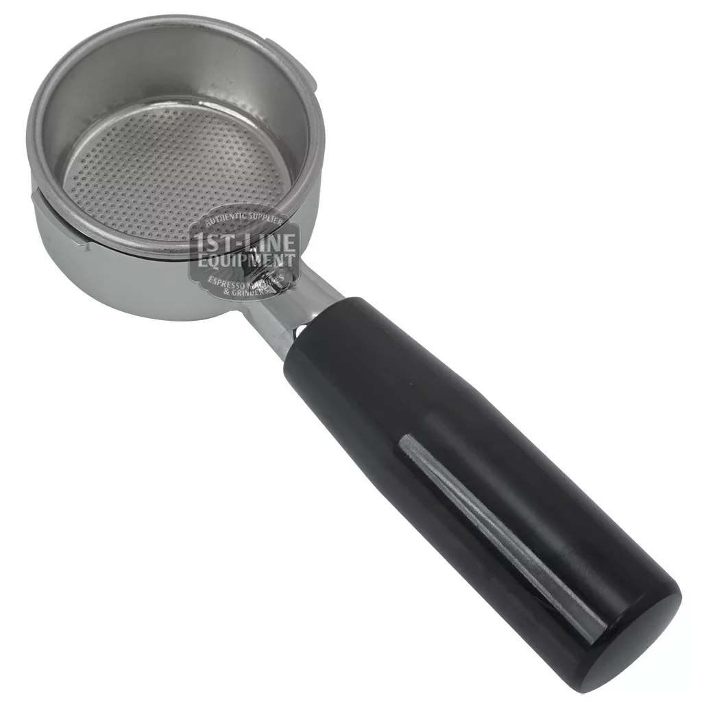 The La Pavoni Millenium 54mm Black Handle Bottomless Portafilter is shown at an angle on a white background, with its empty filter basket visible. © 2025 1st-line.com