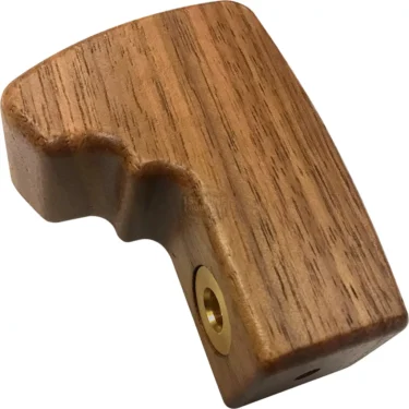 The Lelit Dark Walnut E61 Grouphead Paddle features a dark walnut handle with finger grooves and a brass insert, designed for easy attachment to compatible espresso machines. © 2025 1st-line.com
