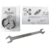 The Lelit PLA2400 E61 Grouphead Pump Pressure Gauge kit includes a pressure gauge, manual, washers, fittings, and double-ended metal wrench—neatly displayed on a white surface. © 2025 1st-line.com