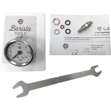 The Lelit PLA2400 E61 Grouphead Pump Pressure Gauge kit includes a pressure gauge, manual, washers, fittings, and double-ended metal wrench—neatly displayed on a white surface. © 2025 1st-line.com