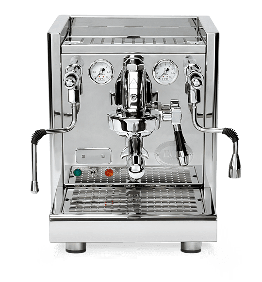 The DISCONTINUED ECM Technika V Profi HX Espresso Machine in stainless steel features dual gauges, steam and hot water wands, and a cup tray, shown on a plain white background. © 2025 1st-line.com