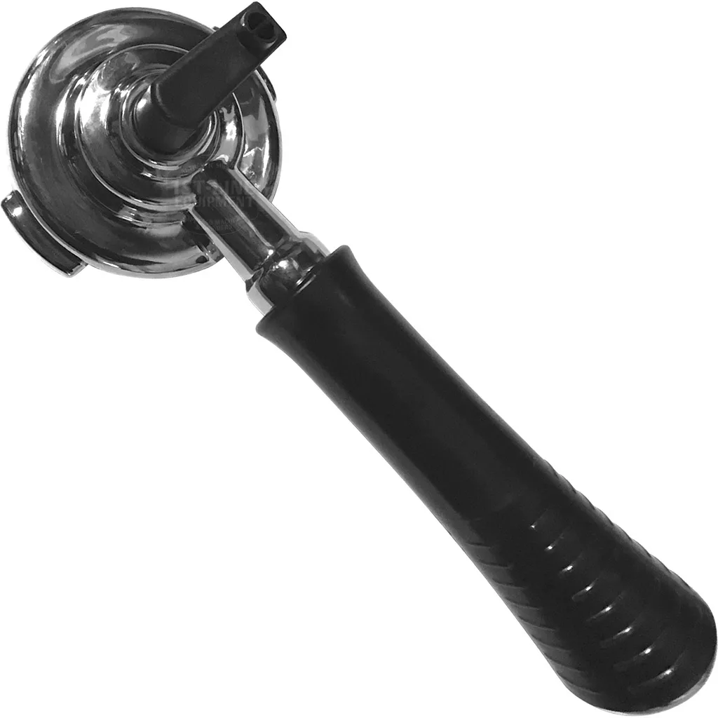 A close-up of the DISCONTINUED Ascaso PM.278 58mm Pressurized (Super Cream 2016) Portafilter for Barista and FAP Capsule/Cartridge Direct Extraction, black handle, isolated on white. © 2025 1st-line.com