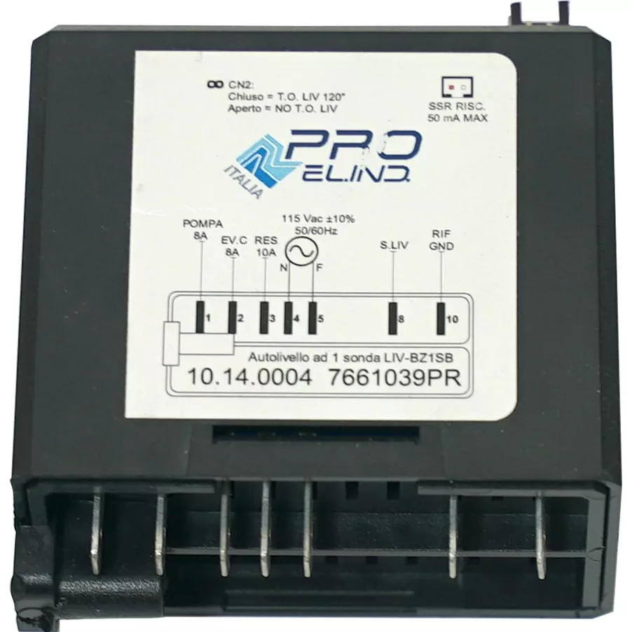 Black electronic control module labeled PRO ELIND, featuring technical specs, wiring diagram, and barcode. Compatible with Bezzera 7661037PR Brain Unit for BZ13/BZ07 and Pasquini G4 110V machines. © 2025 1st-line.com