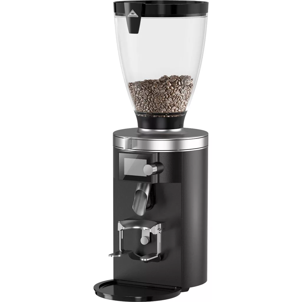 The DISCONTINUED - Mahlkonig E65S Next Generation Retail Grinder features a clear hopper with coffee beans, digital display, and front metal portafilter holder—an ideal retail grinder shown against a white background. © 2025 1st-line.com