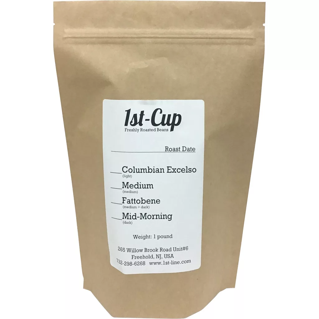 Brown paper bag of DISCONTINUED 1st-Cup Brazil Santos ROASTED Coffee Beans, 1 lb, labeled with roast options (Columbian Excelso, Medium, Fattobene, Mid-Morning) and company contact details. © 2025 1st-line.com