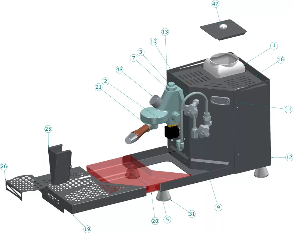 Exploded, partially transparent Minima Parts Diagram of a coffee machine with numbered labels for the portafilter, group head, water reservoir, drip tray, steam wand, and cup platform. © 2025 1st-line.com