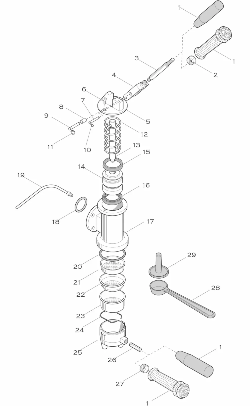 Exploded Parts Diagram of a shock absorber assembly, showing all components separated and numbered, including springs, bolts, washers, seals, caps, and a connecting cable for Elektra Microcasa Leva (2010-2018). © 2025 1st-line.com