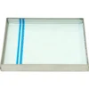 The Lelit MC305 Grinds Catch Tray is a rectangular glass plate with a metal frame and a single blue vertical line near the left edge, designed as an accessory for Lelit coffee machines. © 2025 1st-line.com
