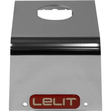 The Lelit MC317 Stainless Steel Top Panel for the PL53 Grinder features a shiny curved surface, two small holes at the bottom, a cutout at the top, and a red LELIT label near the base. © 2025 1st-line.com