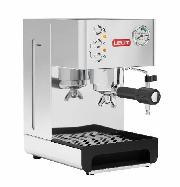 The Lelit PL41EM Anna Espresso Machine, featuring two group heads, control buttons, a pressure gauge, steam wand, and drip tray, is displayed on a white background. © 2025 1st-line.com