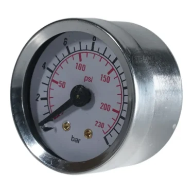 A close-up of the V111K E61 Grouphead Gauge/Manometer (0-16 BAR) with a silver casing, displaying psi (red, up to 230) and bar (black, up to 16); the needle points near 0.