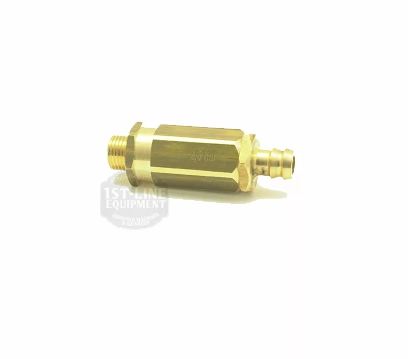 A 2.5 Bar Expansion Valve with a hexagonal brass body, threaded end on the left, and a 1/8M connector quick-connect fitting with gasket and internal spring, isolated on a white background. © 2025 1st-line.com
