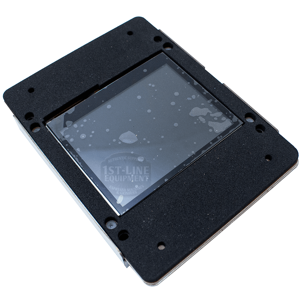 A black rectangular Bezzera 5963201.01R PID Display Assembly without Glass V2.2 is shown, with a transparent surface featuring water droplets and the faint words 1st-Line Equipment visible beneath. © 2025 1st-line.com