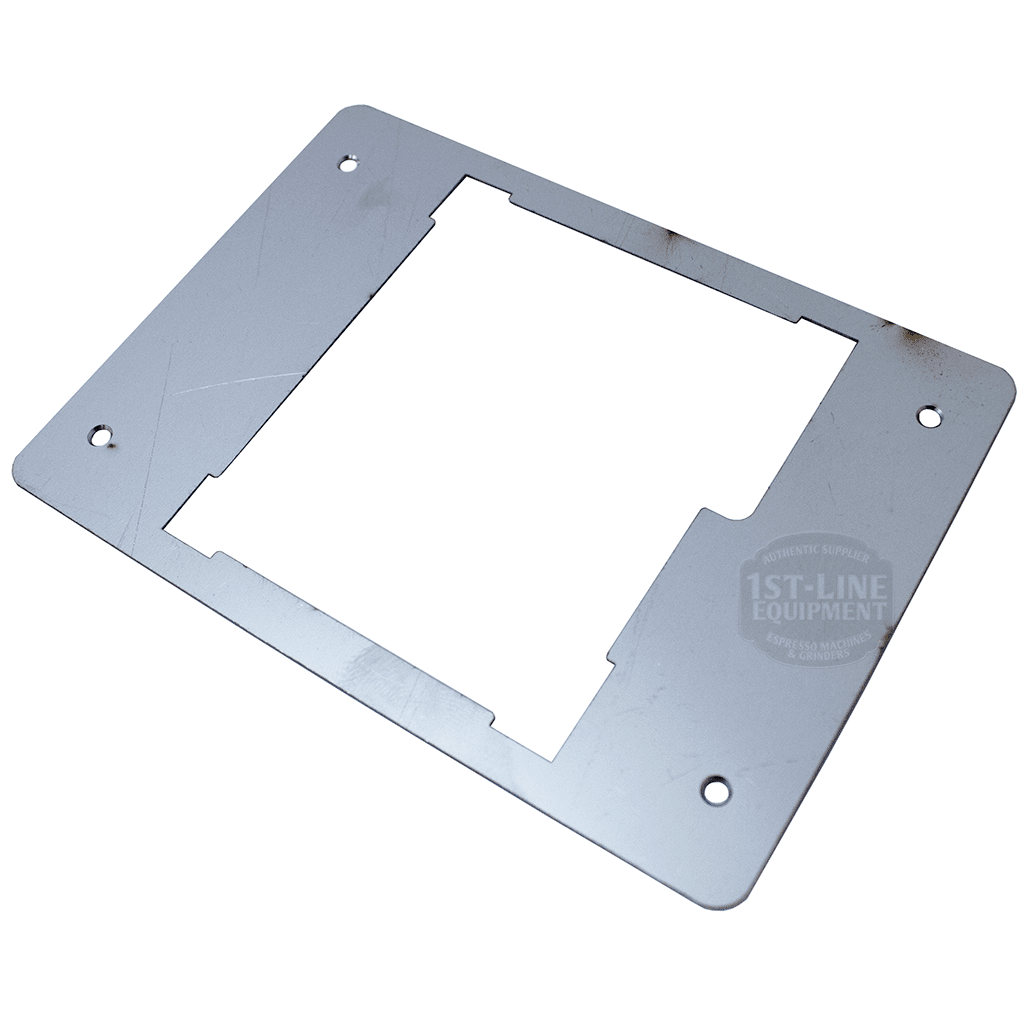 A rectangular metal mounting plate for the Bezzera 5963201.01R PID Display Assembly without Glass V2.2 features a large central cutout and four corner screw holes, shown on a white background. © 2025 1st-line.com