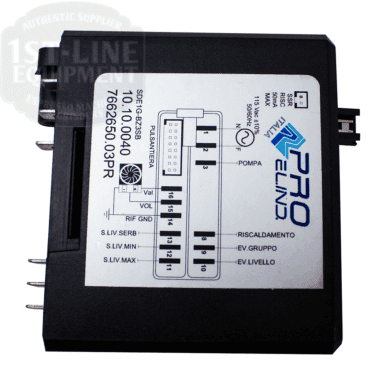 Black rectangular Brain Unit 7662650.02PR Dosage 3S 115V with labeled ports, wiring diagram, and connectors; detailed technical info for Bezzera BZ13 or Pasquini G4 espresso machines. © 2025 1st-line.com