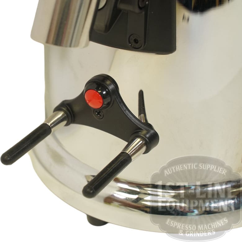 Close-up of a metal espresso machine’s control panel with two black levers and a red button, the shiny chrome surface reflecting the 1st Line Equipment logo and the nearby Elektra MXD Maxi Digital Espresso Coffee Grinder. © 2025 1st-line.com