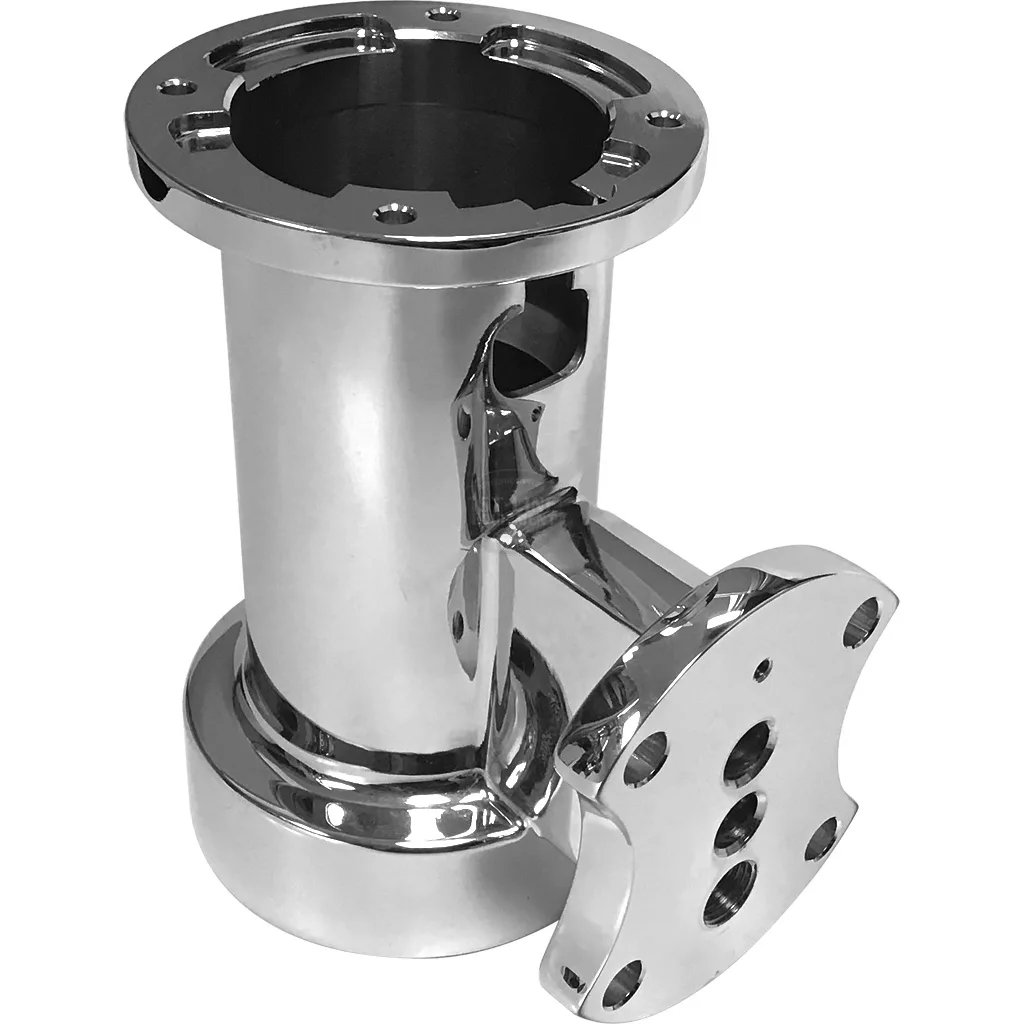 Polished metal deck hardware part with flanges and round openings, for mounting and connecting tubes or pipes on boats. Offers quality comparable to the Bezzera 5283052TW Lever Group Body. © 2025 1st-line.com