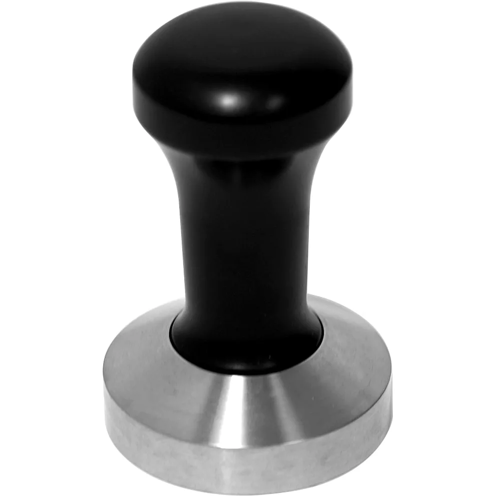 The 1st-line Black Aluminum Handle 57mm Espresso Coffee Tamper features a rounded handle and flat base, ideal for compressing ground coffee in an espresso machine portafilter. © 2025 1st-line.com