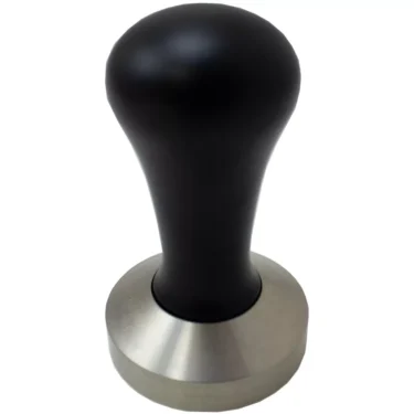 The Black Wood Handle Tamper with a 57MM stainless steel base features a rounded handle and flat base in black and silver, ideal for pressing coffee grounds in your espresso machine. © 2025 1st-line.com