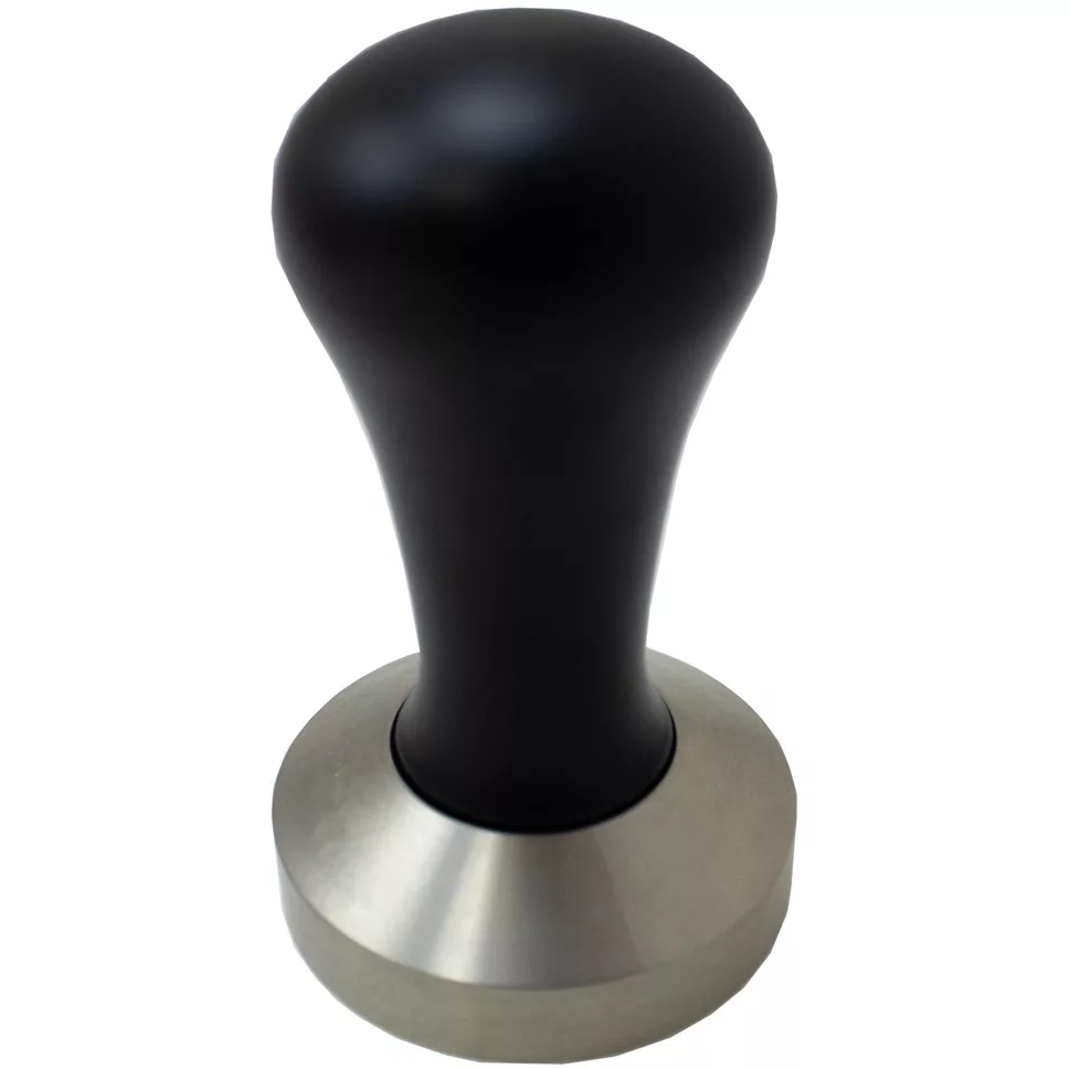 The Black Wood Handle Tamper with a 57MM stainless steel base features a rounded handle and flat base in black and silver, ideal for pressing coffee grounds in your espresso machine. © 2025 1st-line.com