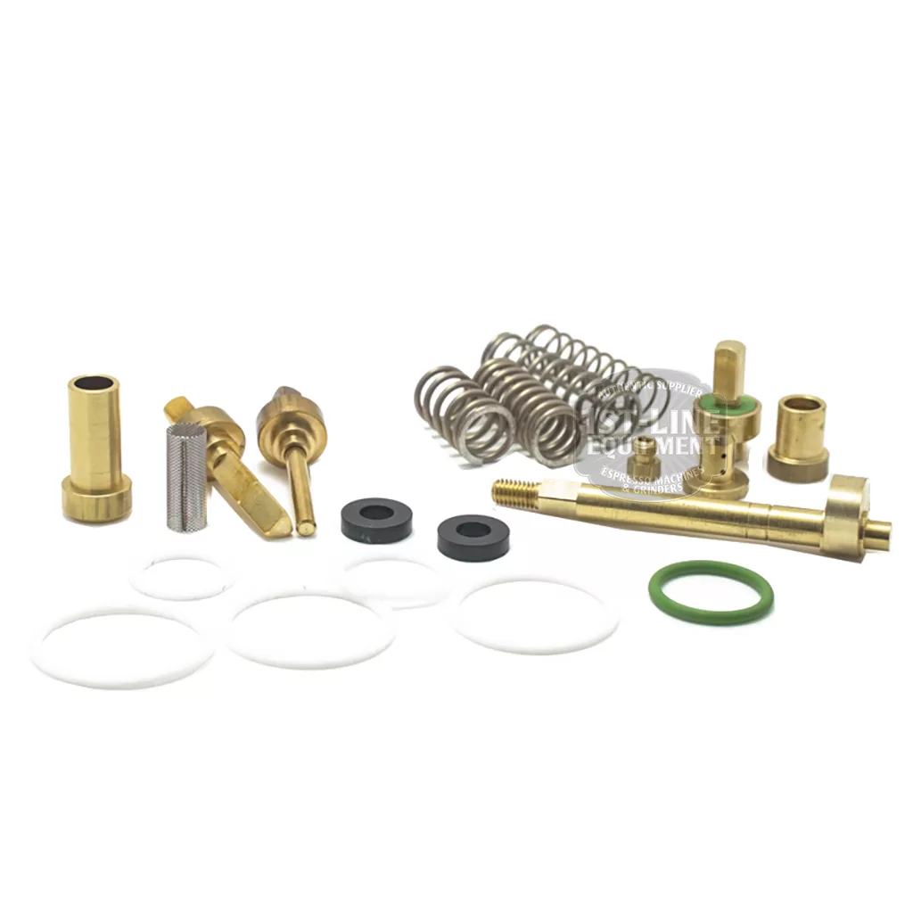 The DISCONTINUED Maintenance Kit for an E61 Style Grouphead is shown on a white surface, featuring brass fittings, metal springs, mesh filters, rubber O-rings, and washers. © 2025 1st-line.com