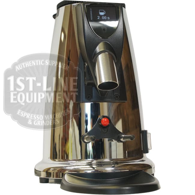 The Elektra MXD Maxi Digital Espresso Coffee Grinder features a shiny chrome finish, digital display at the top, central spout, and red power light below. 1st-Line Equipment branding appears as a watermark on the left. © 2025 1st-line.com