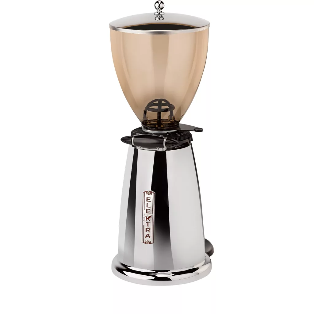 The Elektra MXD Maxi Digital Espresso Coffee Grinder features a shiny metallic finish, a gold-colored hopper on top, and a silver base. The Elektra brand name appears vertically on the front of the base. © 2025 1st-line.com