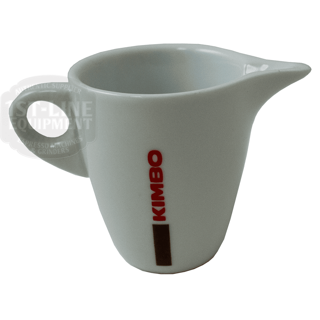 The Kimbo 900382 Small Porcelain Milk Pitcher - 2 oz features a handle, spout, and “KIMBO” in red on the side. Ideal as an espresso creamer or for serving milk with coffee or tea. © 2025 1st-line.com