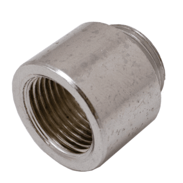 The Universal 3/8 Adapter Fitting is a metallic threaded adapter with a wider female end and narrower male end, designed to connect two pipes of different sizes. © 2025 1st-line.com