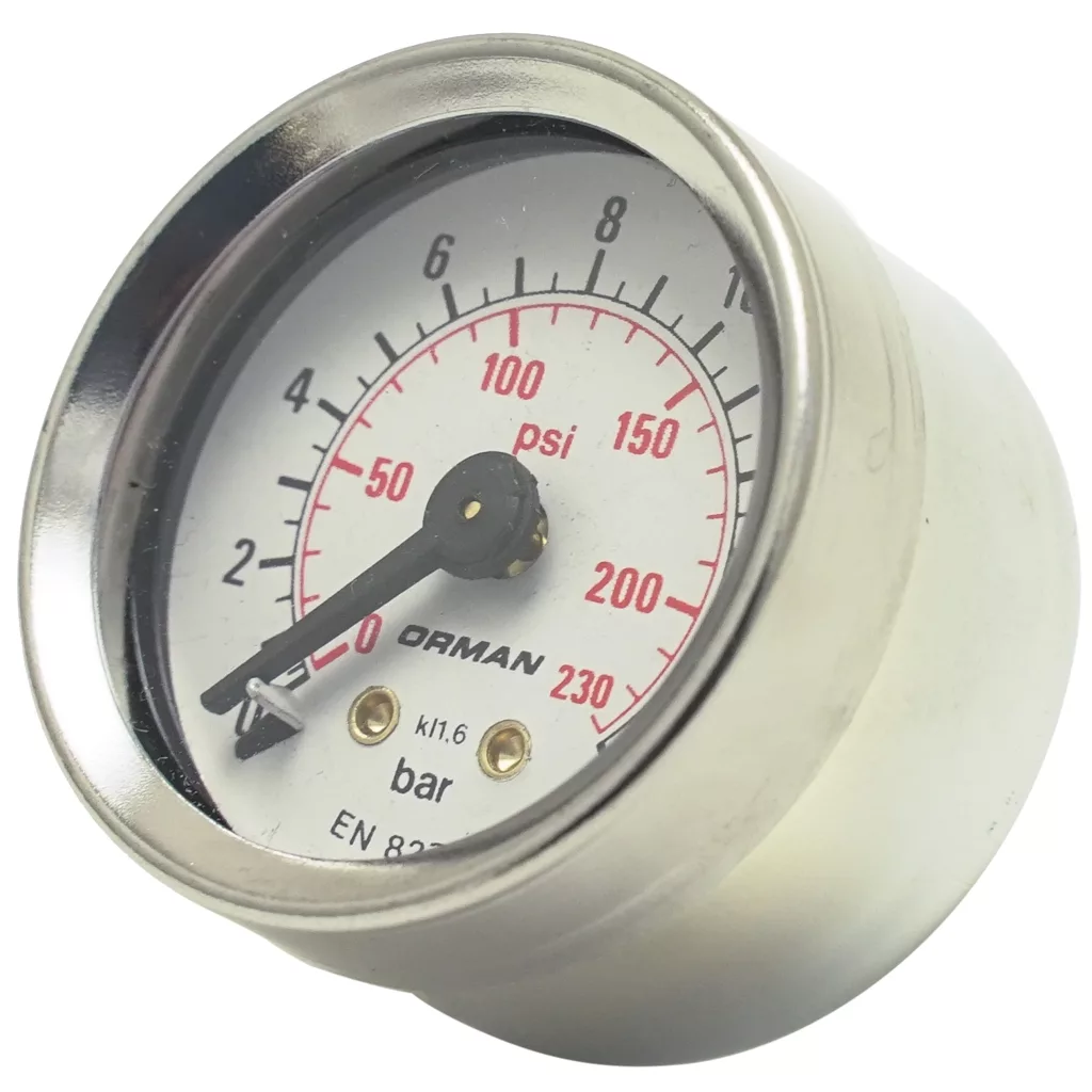 The V111K E61 Grouphead Gauge/Manometer (0-16 BAR) has a round analog face with metal casing, shows both bar and psi (up to 230), “ORMAN” branding, EN 837 standard—perfect for E61 espresso machines. The needle currently points near zero. © 2025 1st-line.com